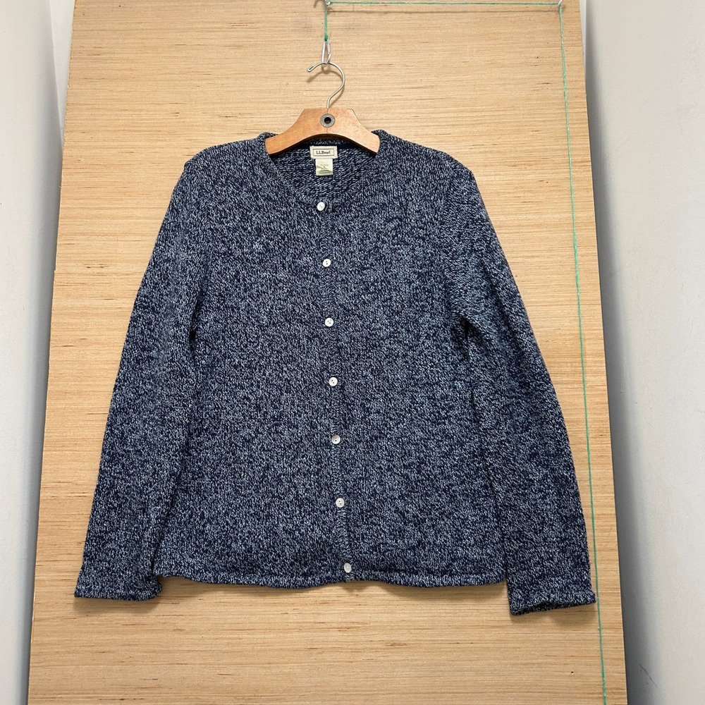 LL Bean Womens Blue Marled Cotton Knit Button Front Cardigan Sweater Medium
